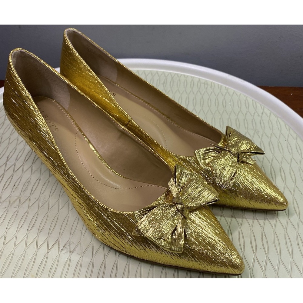 Talbots Women Gold Sylvie Bow Holiday New Year's Kitten Heel Wedding Pump NWB 9M